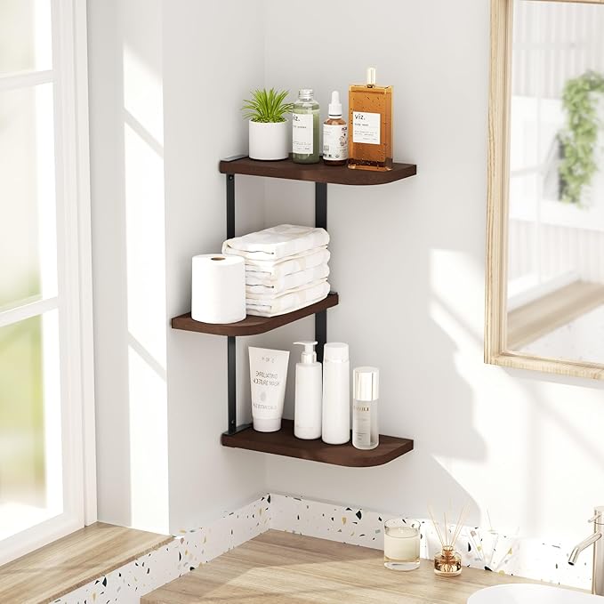 Love-KANKEI Corner Shelf Wall Mount of 3 Tier Rustic Wood Floating Shelves for Bedroom Living Room Bathroom Kitchen Office and More Dark Walnut