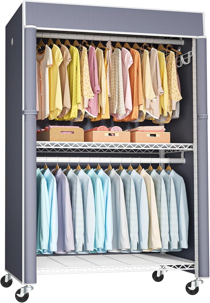 FUTASSI White Clothing Rack with Grey Cover, P1C Plus Rolling Closets with Wheels, Metal Garment Rack for Hanging Clothes, Clothing Storage Wardrobe, 46" W x 18.5" D x 80.7" H, Load 524 Pounds