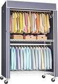 FUTASSI White Clothing Rack with Grey Cover, P1C Plus Rolling Closets with Wheels, Metal Garment Rack for Hanging Clothes, Clothing Storage Wardrobe, 46" W x 18.5" D x 80.7" H, Load 524 Pounds