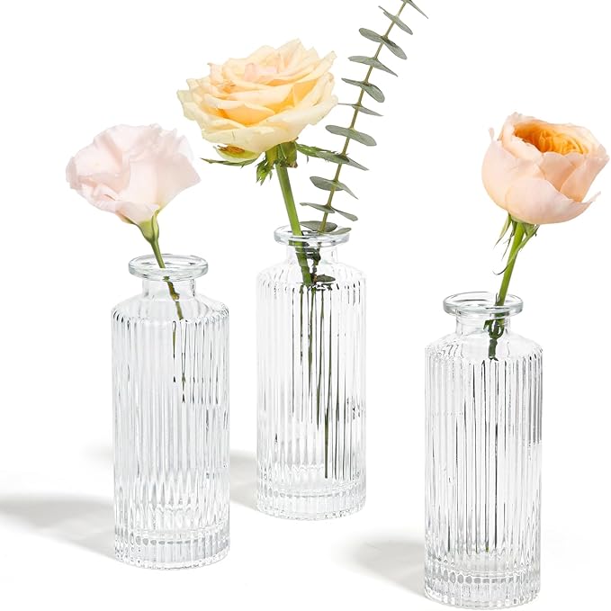 ComSaf Glass Bud Vases Set of 3, Small Flower Vases in Bulk, Mini Ribbed Vases for Centerpieces, Clear Vintage Vase for Table Decorations, Wedding, Party, Receptions, Home Decor (Different Sizes)