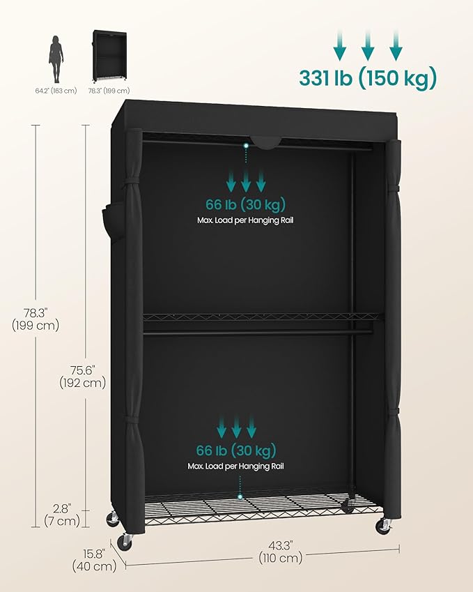 SONGMICS Heavy-Duty Rolling Clothes Rack, Garment Rack, Portable Closet, 43.3-Inch Wide Clothing Rack on Wheels, with Adjustable Mesh Shelves and Hanging Rails, Fabric Cover, Ink Black ULGR415B01
