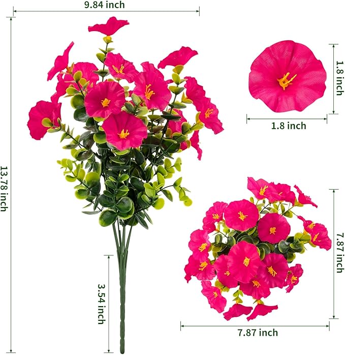 Lnoicy Artificial Flowers for Outdoor 12 Bundles Eucalyptus Fake Flowers for Planter,UV Resistant Fake Morning Glory for Home/Porch/Garden Decoration（Rose Red）
