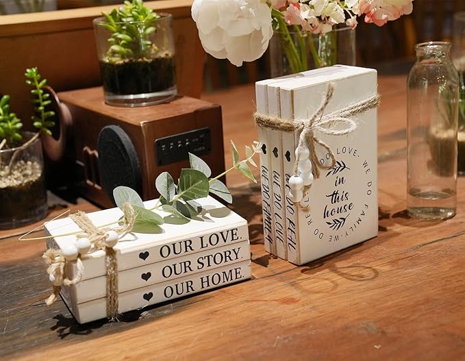 3 Pieces Wooden Decorative White Books, Rustic Farmhouse Faux Books for Coffee Table Shelves with Wood Bead Tassels and Leaves, 7'x 4.6'x 2.5' (Our Love, Our Story, Our Home)
