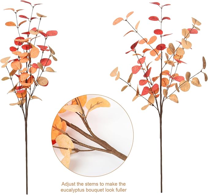 Beferr Fall Eucalyptus Stems Decor, 5Pcs 24" Faux Eucalyptus Branches Artificial Autumn Plants Decorations Fall Floral Arrangements Farmhouse Home Table Centerpiece