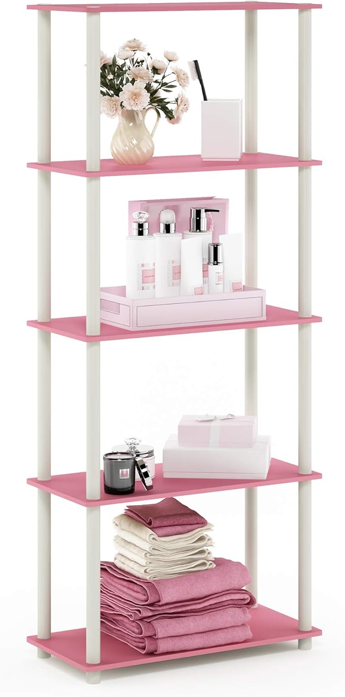 Furinno TURN-N-TUBE Storage Shelves, 5-Tier Book Shelf, Corner Shelf, Toolless Open Shelves, for Organization and Storage, Living Room, Garage, Home Office, Pink