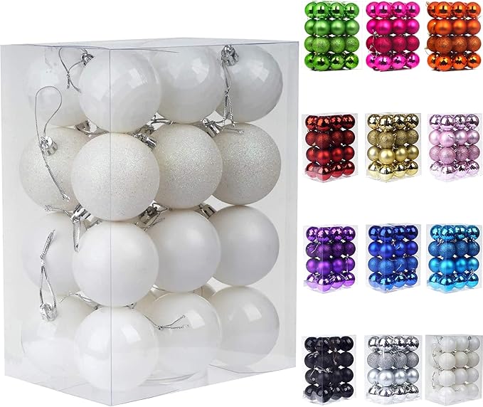 Emopeak 24Pcs Christmas Balls Ornaments for Xmas Christmas Tree - 4 Style Shatterproof Christmas Tree Decorations Hanging Ball for Holiday Wedding Party Decoration (White, 2.4"/6.2CM)