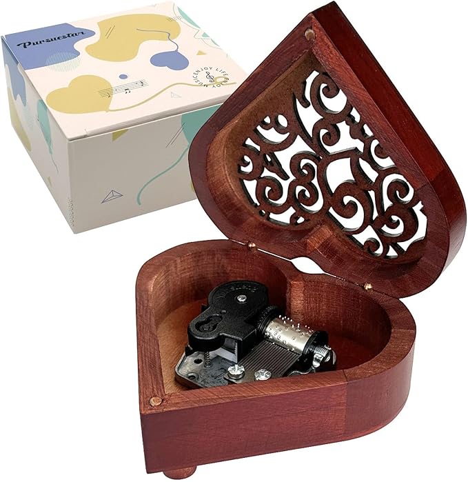 Pursuestar Greensleeves Wind Up Music Box, Heart Shaped Vintage Wood Carved Mechanism Musical Gift for Lover Girlfriend Wife Husband Valentine's Day Mother's Day Christmas Anniversary