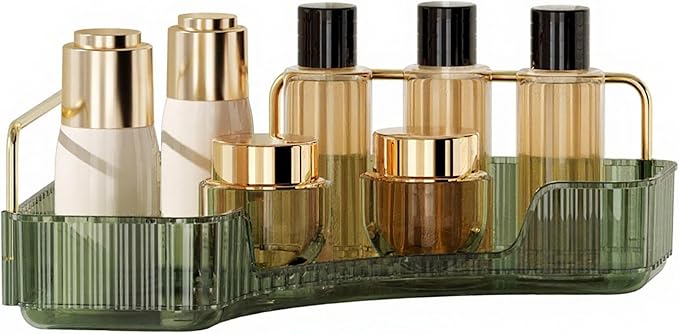 YCIA&DONE Corner Bathroom Counter Organizer, Makeup Organizer for Vanity, Skincare Cosmetic Perfume Tray, Corner Countertop Shelf Rack Storage for Bathroom Kitchen 1 Tier (Vintage Green)