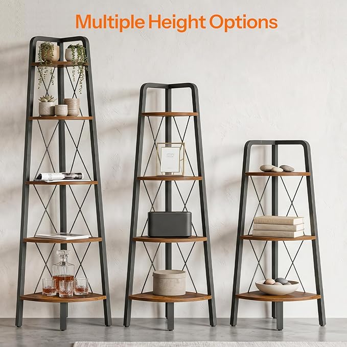 HOOBRO Corner Shelf, 5-Tier Corner Shelf Stand, 66.9” Tall Ladder Bookshelf, Industrial Corner Display Shelf Plant Stand for Living Room, Kitchen, Home Office, Rustic Brown BF145CJ01