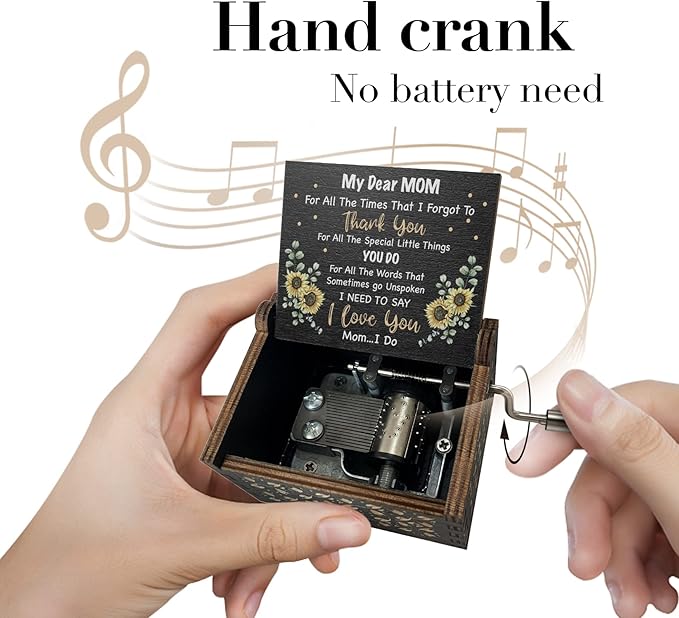 Sunflower Music Box Gifts for Dear Mom from Son on Birthday Christmas Mothers Day You are My Sunshine Hand Crank Engraved Wooden Musical Boxes Black