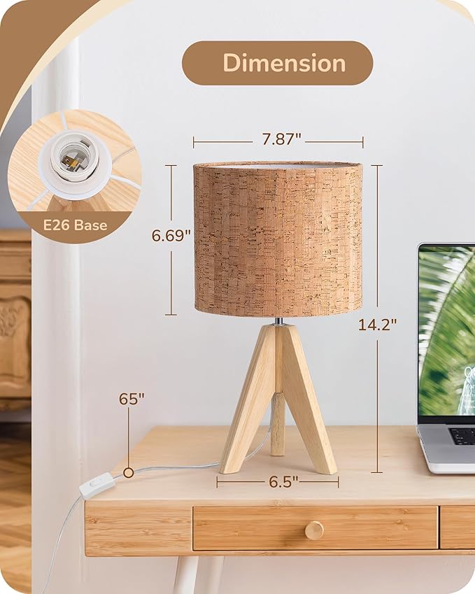 EDISHINE Small Table Lamp, Wooden Tripod Nightstand Lamp with Bark Linen Shade, Farmhouse Bedside Lamp for Nursery, Bedroom, Kids Room, Office, Reading Desk, 14.2 Inch, E26 Socket, ON/Off Switch
