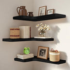 Floating Corner Shelves Set of 3, Solid Wood Picture Wall Shelf, Floating Shelves for Storage for Bedroom Kitchen Bathroom Living Room (Black)