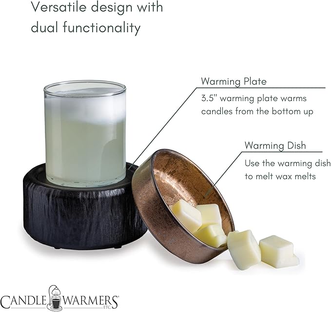 Candle Warmers ETC 2-in-1 Candle and Fragrance Warmer for Warming Scented Candles or Wax Melts and Tarts with to Freshen Room, Primitive Black and Bronze