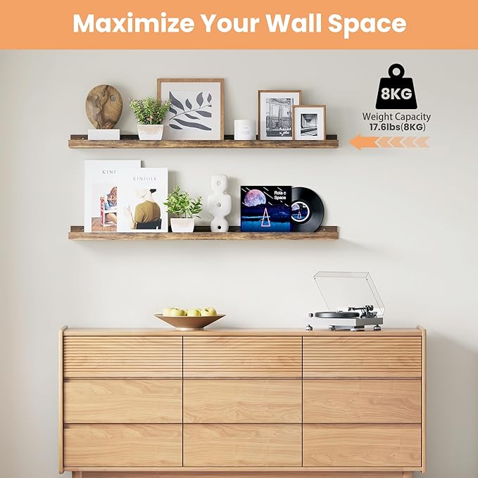 upsimples Floating Shelves for Wall, 47.3 Inch Shelves for Decor Storage Set of 6, Wall Mounted Wood Shelf for Bedroom, Living Room, Bathroom, Kitchen, Long Picture Ledge Shelves, Brown