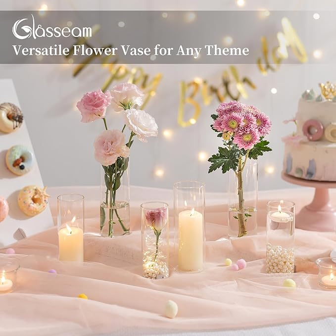 Glasseam Glass Cylinder Vase in Bulk: 32pcs Clear Small Bud Flower Vases for Centerpieces - Modern Hurricane Pillar or Floating Candle Holder for Wedding Party Table Living Room Home Decor, Tall 6"+7"