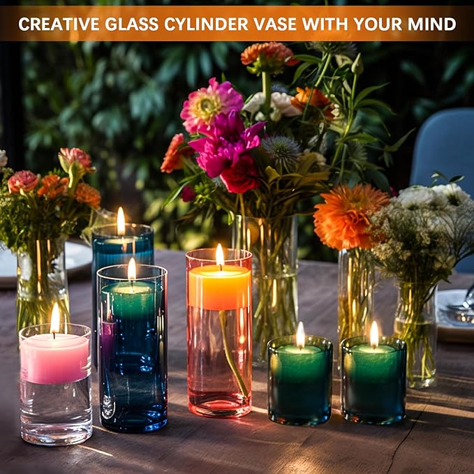 16 Pack Glass Cylinder Vases 4,6,8,10 Inch Tall Clear Flower Vase Hurricane Floating Candle Holder for Table Centerpiece Wedding Home Decor