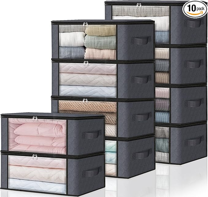 HomeHacks Storage 10-Pack Clothes Organizer Storage Bags Foldable Storage Box with Large Clear Window Sturdy Handles for Closet, Dorm, Pillows, Bedding, Clothes, Blankets, 35L, Grey