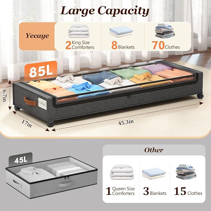 Yecaye Under Bed Storage with Wheels 2 Pack, 85L Extra Large Under Bed Storage Containers with Metal Frame & Clear Lid, Rolling Underbed Organizer Bins Drawers for Clothes, Shoes, Blankets, Hemp Grey