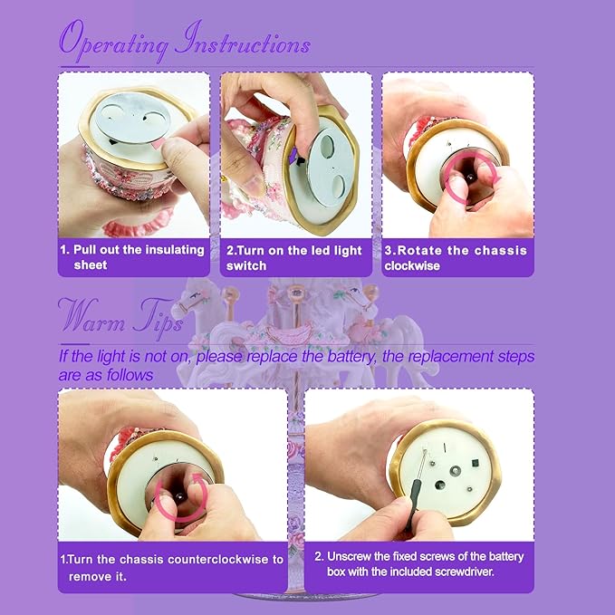 Carousel Music Box，Luxury Color Change LED Light Music Box,Luminous Rotating 3-Horse Musical Box with Gift Box for Girls Birthday Valentine Gift (You are My Sunshine, Purple)