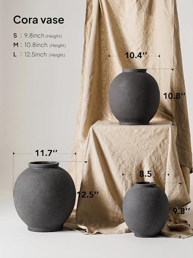 Black Ceramic Vase - Large 12.5 Inch Round Floor Vase for Centerpieces, Farmhouse Rustic Minimalist Home Decor (Sandstone Black)