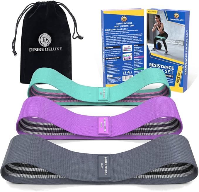 Desire Deluxe Premium Resistance Bands Set – Fabric Stretch Bands for Strength Training, Physical Therapy, Pilates & Yoga, Non-Slip Workout Bands for Men & Women (3 Pack)