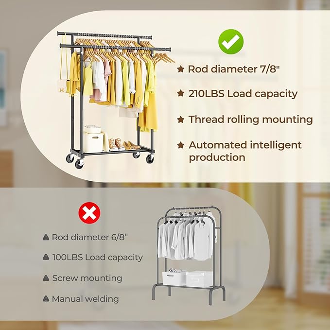 Double Rods Clothes Rack, Rolling Clothing Rack for Hanging Clothes Portable Wardrobe Rack, Metal Garment Rack Sturdy Coat Rack for Bedroom Laundry Living Room, Black