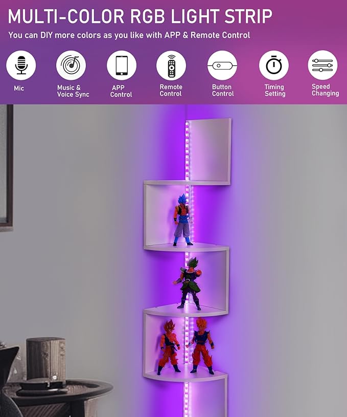5 Tiers Corner Shelf with RGB LED Lights, 49.2" Wall Mount Floating Corner Display Shelf for Living Room Bedroom Home Office Decor, APP & Remote Control (White)