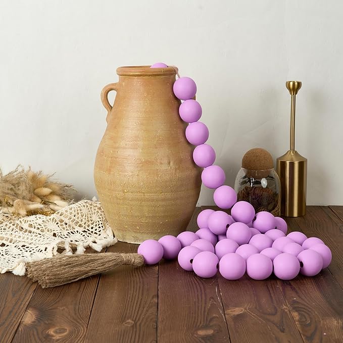 OMISHE 76" Long Large Wood Bead Garland with 1.6" Diameter Wooden Beads and Tassels, Rustic Farmhouse Country Wood Beads Garland for Home Tiered Tray Decor, Decorative Beads with Tassels Purple