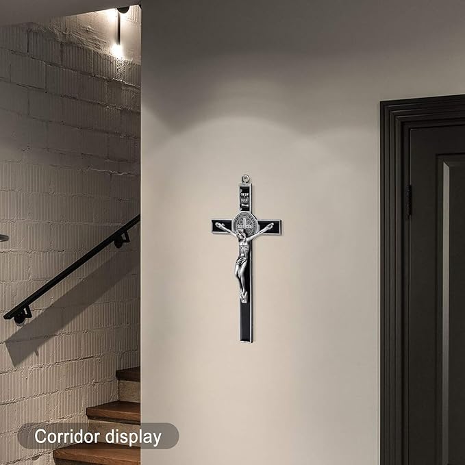 Wellcho Black Enamel Crucifix Wall Cross -Saint Benedict Metal Wall Art-7 Inch Cross Give Blessing and The Spiritual Sacred:Faith Gift for your Acquaintances