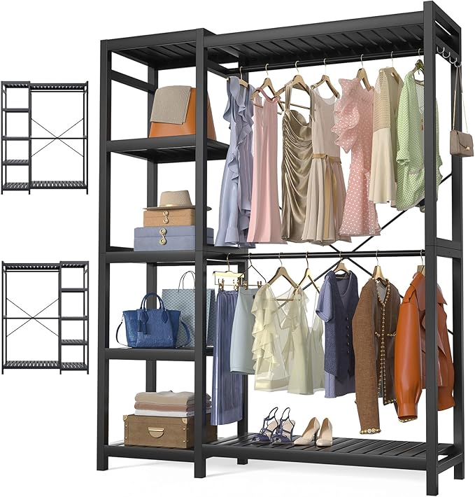 Homykic Bamboo Clothes Rack Garment Rack for Hanging Clothes, Heavy Duty Clothing Rack with 7 Tiers Adjustable Shelves, Double Rods, 4 Hooks, Freestanding Closet System Organizer Wardrobe, Black