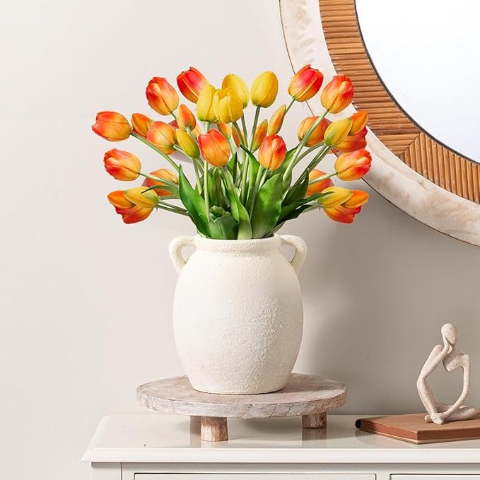 Ceramic Flower Vase 7.6 inch Farmhouse Rustic Vase Decorative Pottery Terracotta Vases for Home Decor Table Mantle Fireplace Living Room Bathroom Wedding Centerpiece (White-Upgraded)