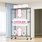 Heavy Duty Rolling Garment Rack 3 Tiers Adjustable Wire Shelving Clothes Rack with 2 Rods and Side Hooks,Storage Closet Clothing Rack with Wheels Black 15.7" D x 45.3" W x 79.6" H