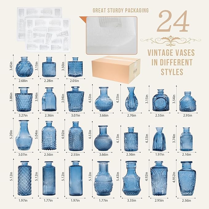 24PCS Mini Bud Vases As Wedding Centerpieces for Tables,Clear Bud Vases for Flowers,Small Flower Vases Suitable for Birthday Party,Anniversary,Wedding Reception,Baby Shower (Blue, 24PCS)