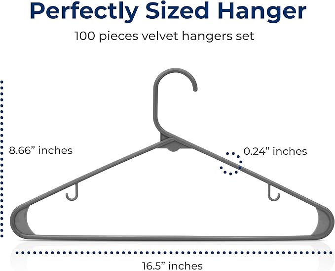 SereneLife 100 Pack Plastic Hangers, Non-Slip, Space-Saving Closet Organizers, Durable and Strong for Shirts, Sweaters, Hoodies, Kids Clothes & Dresses, Ultra-Thin, Lightweight