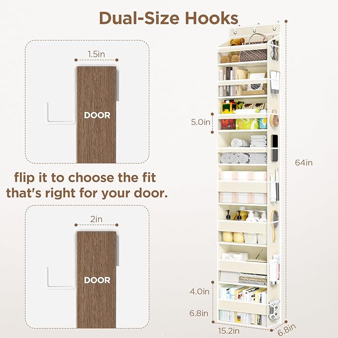Over The Door Organizer, 8 Shelf Door Hanging Organizers with 8 Large Capacity Pockets, Back of Door Organizer Storage Hanging Shelves for Closet Bathroom Bedroom Nursery