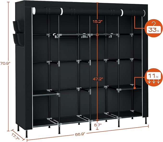 Portable Closet, 66.9 Inch Large Capacity Wardrobe Closet with Cover, Clothes Storage Organizer with Shelves and 4 Hanging Rods, Easy to Assembly, Black PCT204B01