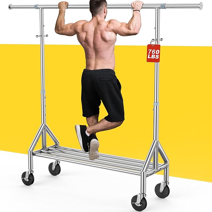 Upgraded 100% Stainless Steel Clothing Rack Load 760LBS, Heavy Duty Clothes Racks with Larger & Sturdy Wheel, Extendable & Adjustable Rolling Garment with Shelves for Hanging Portable Closet Rack