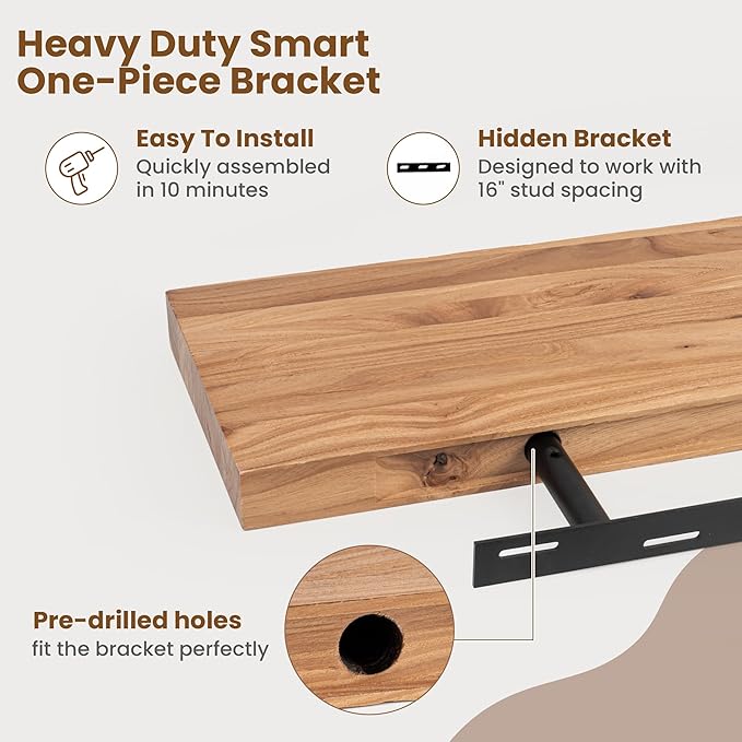 Floating Shelves for Wall Decor, 8" Deep Rustic Solid Elm Wood Floating Shelves Wall Mounted, Wall Shelves with Invisible Bracket for Living Room Bathroom Bedroom Kitchen, 32 Inch Set of 2, Natural