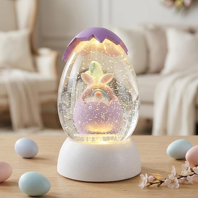 Gnome Easter Snow Globe, Easter Bunny Snow Globe Eggs Spring Decor with Swirling Glitter, 6H Timer, USB or Battery Powered, See No Evil Gnome Snowglobe for Tabletop Decor Gift 7.4 Inch (Purple)