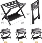 HITNET Luggage Rack for Guest Room, Pack of 2, Suitcase Stand Folding Bedroom, Bamboo Hotel Luggage Holder with Fabric Storage Shelf and Nylon Straps, Black