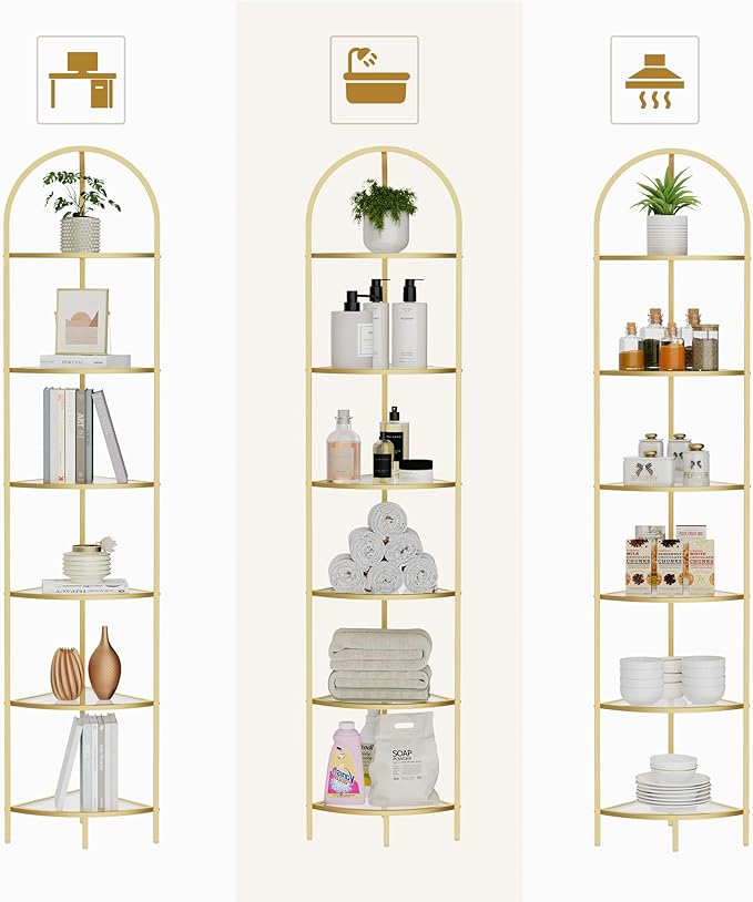 Homhedy 6-Tier Corner Shelf Stand, Metal Corner Bookshelf, Tempered Glass Shelves, Bathroom Storage Rack Shelf, Plant Stand, Modern Style, Golden