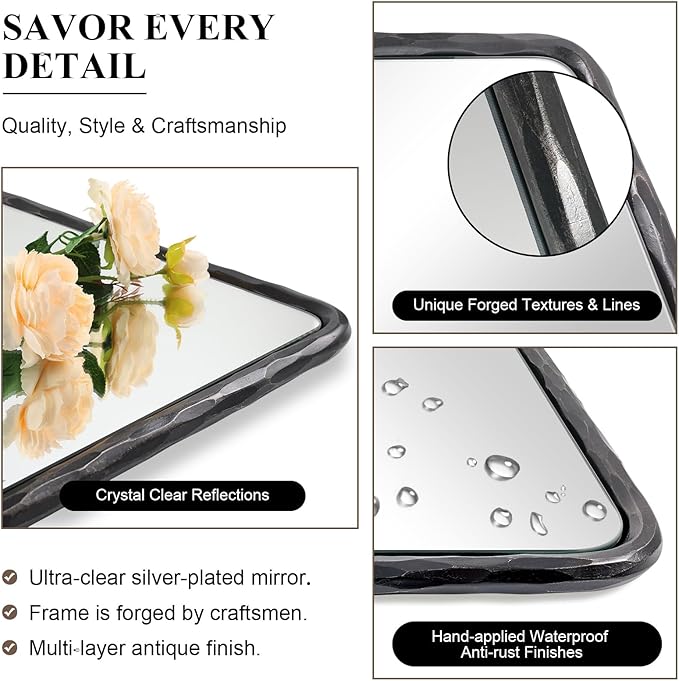 ANDY STAR Hand-Forged Black Bathroom Mirrors for Wall, 24x36 Inch Vintage Solid Steel Metal Frame Bathroom Vanity Mirror, Antique Rounded Rectangle Wall Mirror, Hangs Horizontally or Vertically
