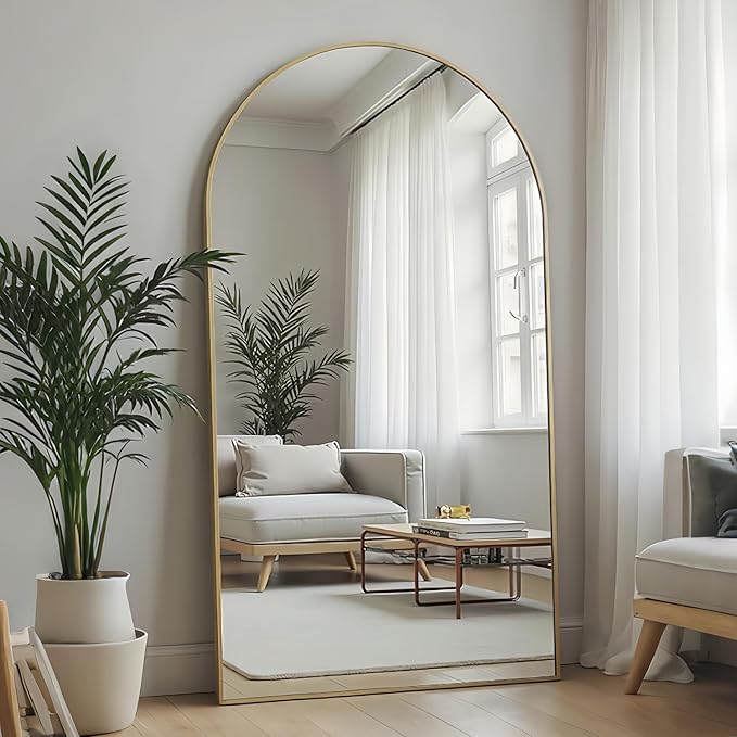 Dewfig Arched Full Length Mirror, 76"x34" Large Floor Mirror, Full Body Mirrors for Leaning or Hanging, Standing Mirrors for Bedroom, Living Room,Dressing Room, Aluminum Alloy Frame, Gold