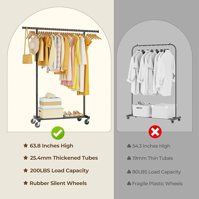 Clothes Rack for Hanging Clothes: Clothing Coat Garment Rolling Racks with Wheels Shelf Portable Closet Storage Organizer Wardrobe Strudy Metal Freestanding Laundry Room Bedroom Dress Shirt Jacket