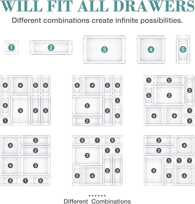 13 PCS Drawer Organizer Set, 5 Varied Size Bathroom and kitchen Drawer cabinet organizer Trays, Clear Storage Bins for Makeup, Jewelry, Utensils and Gadgets