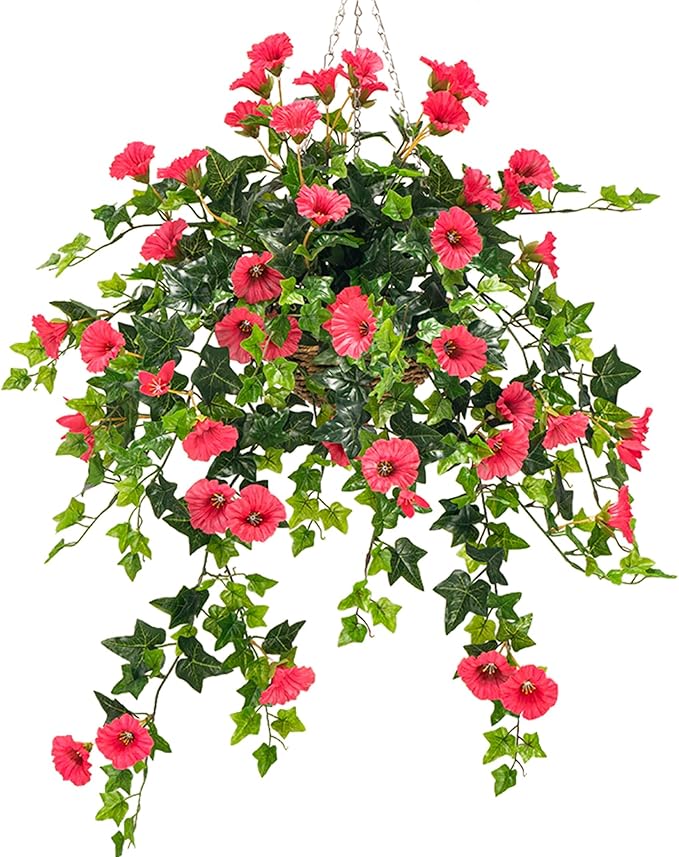 Artificial Flowers Faux Outdoor Plants Artificial Petunias For Outdoors Uv Resistant Fake Petunias Plants Hanging Flower Patio Decor Outside Basket Realistic Silk Plant No Pot(Rose Red 2pcs)