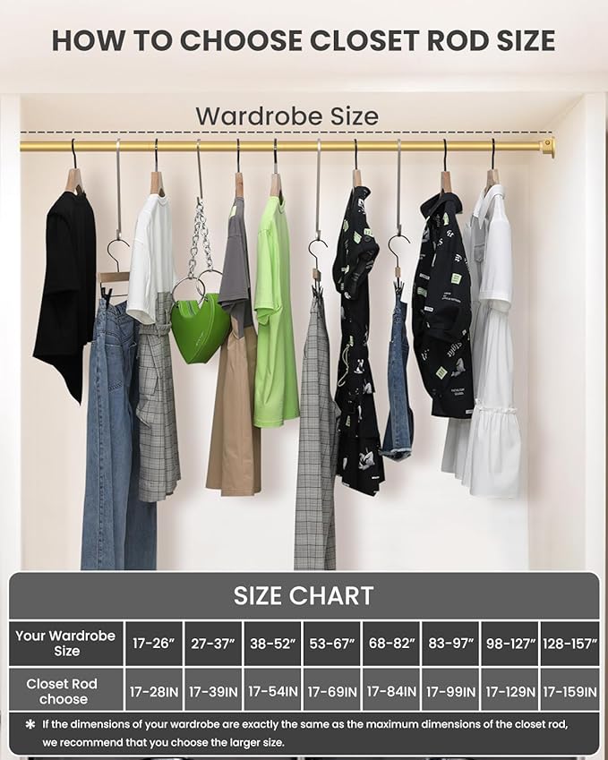 2 Pack Closet Rods for Hanging Clothes, 17 to 54 Inches Stepless Adjustable Metal Closet Rod, 1.3 Inches Heavy Duty Clothes Hanging Rod for Closet Wardrobes Laundry RV, Golden