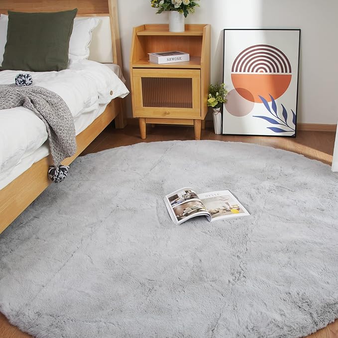 Ghouse Faux Rabbit Fur Round Rug 6ft Grey Round Rugs for Bedroom Decor Fluffy Area Rugs for Living Room, no-Shedding Carpet Sheepskin Washable Rug Rome Decor