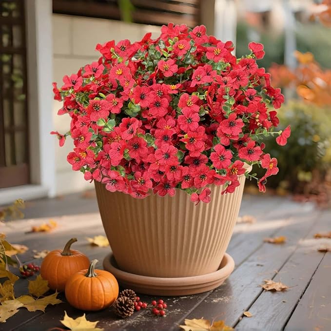 Artificial Flowers Outdoors UV Resistant Fake Plants, 12 Bundles Silk Daisy in Pots for Porch Patio Garden, Faux Potted Home Decor for Outside (Red)