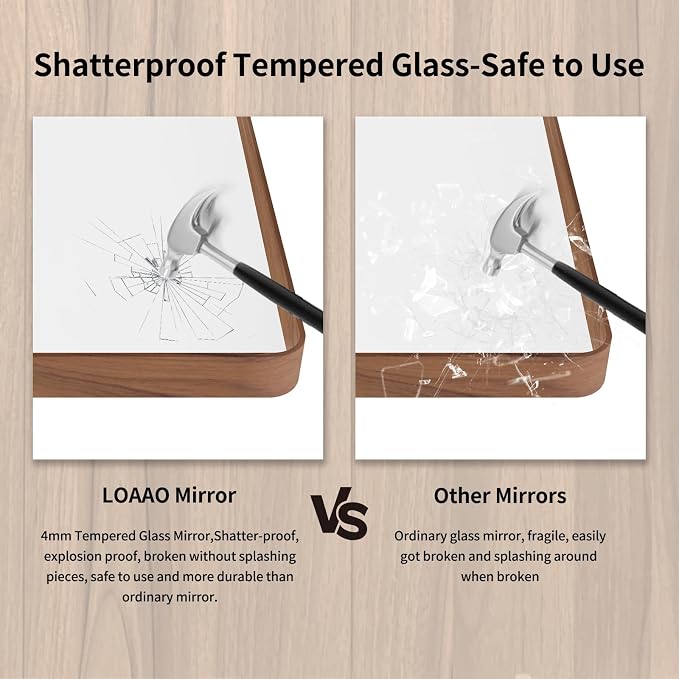 LOAAO 55X30 Inch Bathroom Mirror with Wood Grain Colored Metal Frame, Rounded Rectangle Metal Framed Bathroom Mirror, Anti-Rust, Hangs Horizontally or Vertically, Tempered Glass